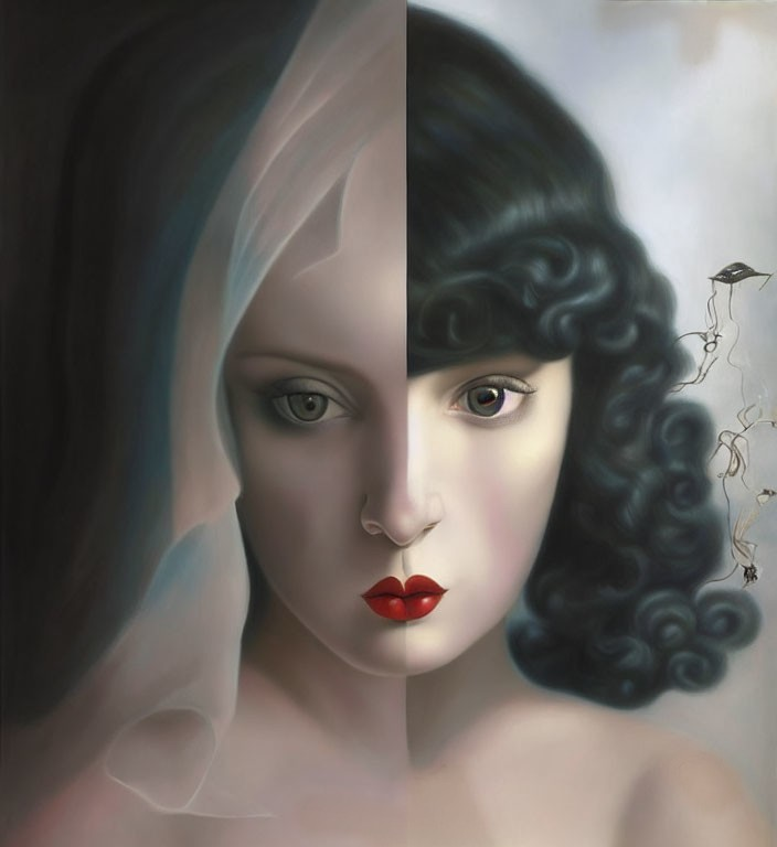 Surreal split portrait: grayscale side-profile meets colorful front view with bold lips.