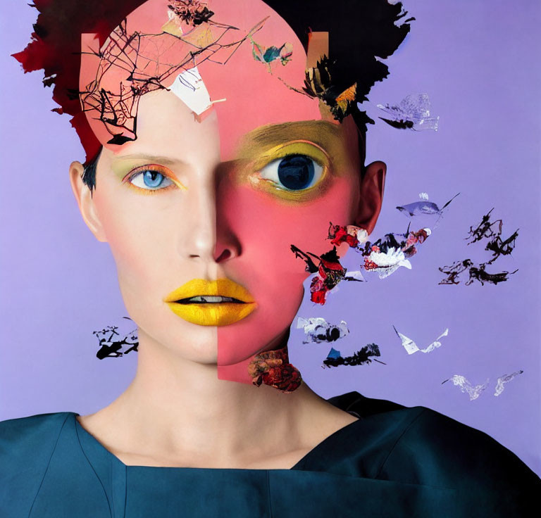 Surrealist collage: Female face, contrasting colors, flowers, fish, abstract shapes