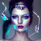 Female cyborg digital art with purple eyes and futuristic headgear