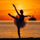 Silhouetted ballet dancer on beach at sunset with water droplets in elegant pose