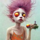 Vibrant surreal artwork: girl with pink hair, orange eyes, holding fruit, tiny figure on