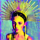 Colorful digital artwork of woman with futuristic glowing headdress