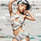Digital artwork: Woman with black hair against newspaper background wearing newspaper-patterned outfit