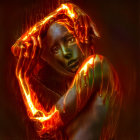 Futuristic woman with neon body paint holding luminescent rod in red and orange setting