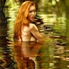 Woman with Long Wavy Hair Standing in Water Surrounded by Greenery