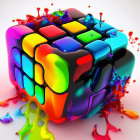 Vibrant Rubik's Cube with splashing liquid on white background