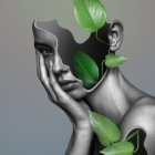 Surreal humanoid figure with plant-like features and abstract facial shapes on neutral background
