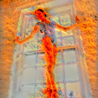 Graceful ballerina in orange tutu dances among autumn leaves in warmly lit room