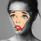 Detailed makeup on woman's face illustration against grayscale background.