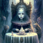 Pale girl in dark dress with ornate crown surrounded by eerie figures in ghostly realm