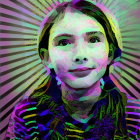 Colorful digital artwork of female figure in futuristic attire with headphones