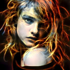 Female figure with blue cybernetic enhancements and dynamic blonde hair in vibrant digital artwork