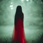 Person in Red Dress Stands in Mystical Forest
