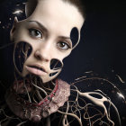 Detailed humanoid robot with realistic face and futuristic earpiece on dark background