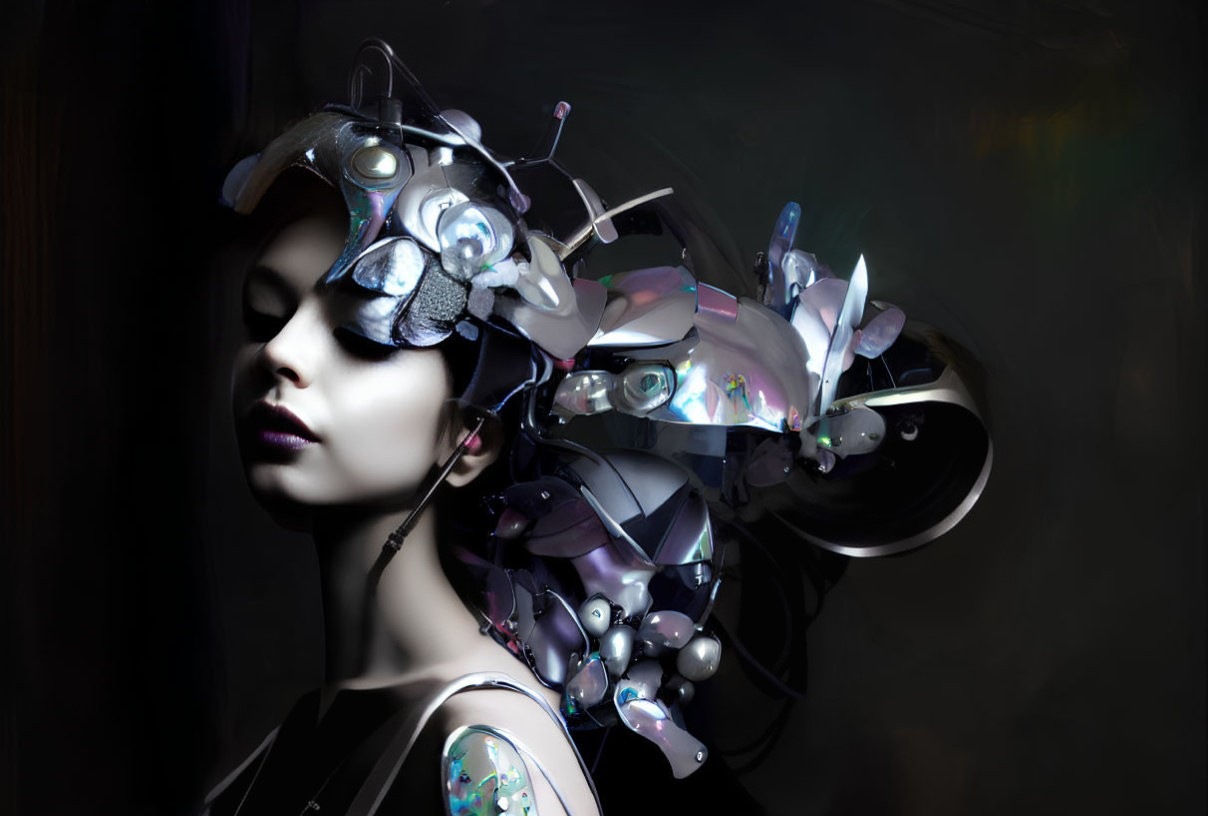 Elaborate Futuristic Headdress with Metallic and Iridescent Elements