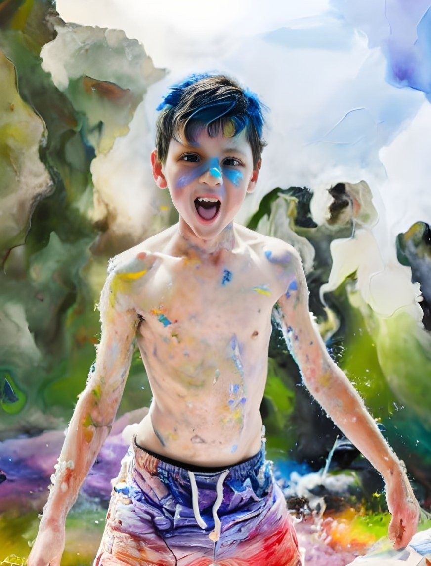 Blue-haired boy with paint splashes on colorful backdrop.