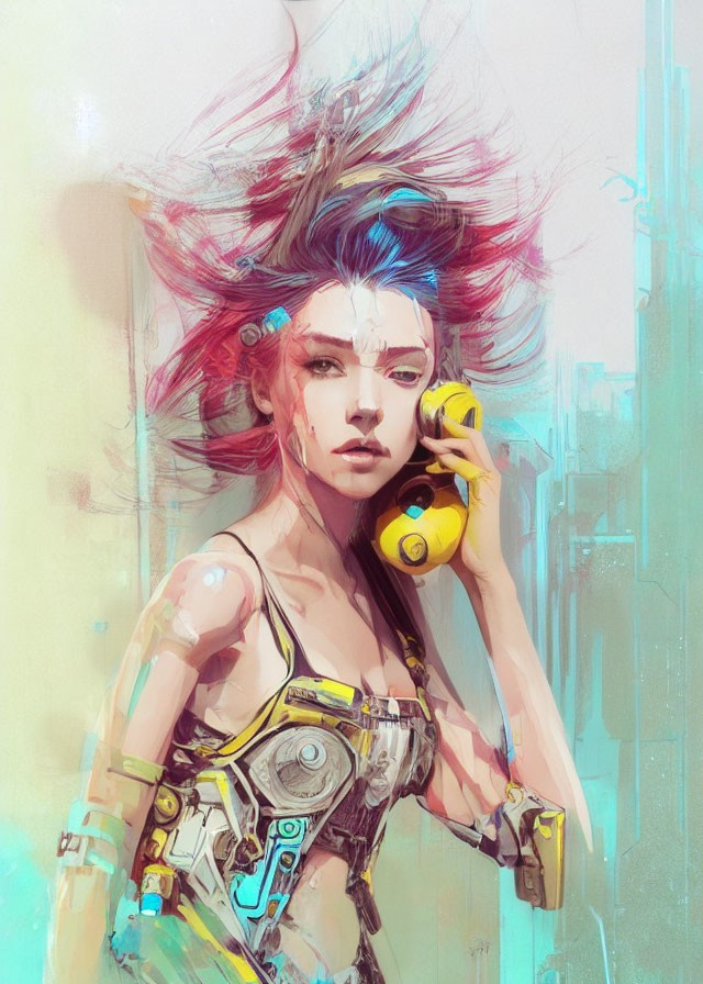 Colorful Cyberpunk Female Artwork with Mechanical Body and Yellow Phone