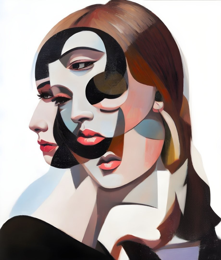 Layered digital artwork of abstract female face in modernist style