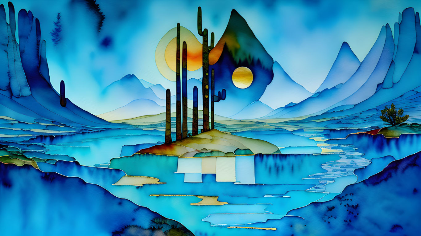 Abstract watercolor landscape with stylized mountains and celestial structure