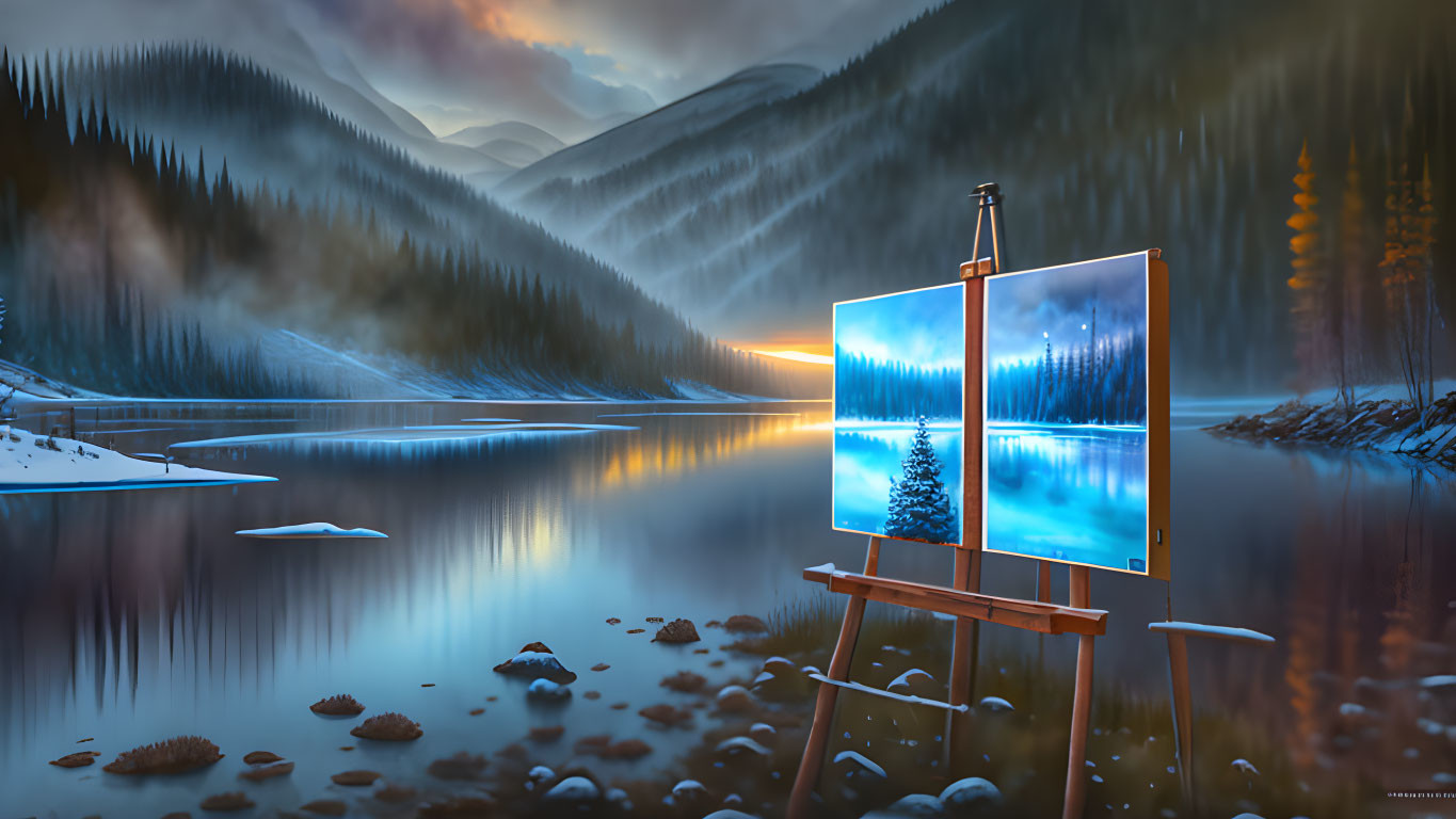 Snowy Lake Scene with Christmas Tree Painting at Dusk