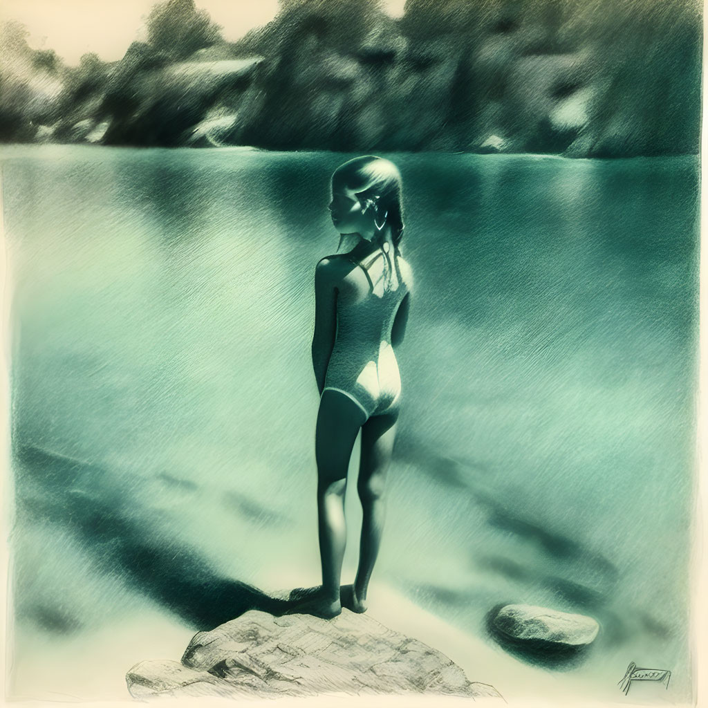 Stylized image of person in swimsuit on rock by tranquil water