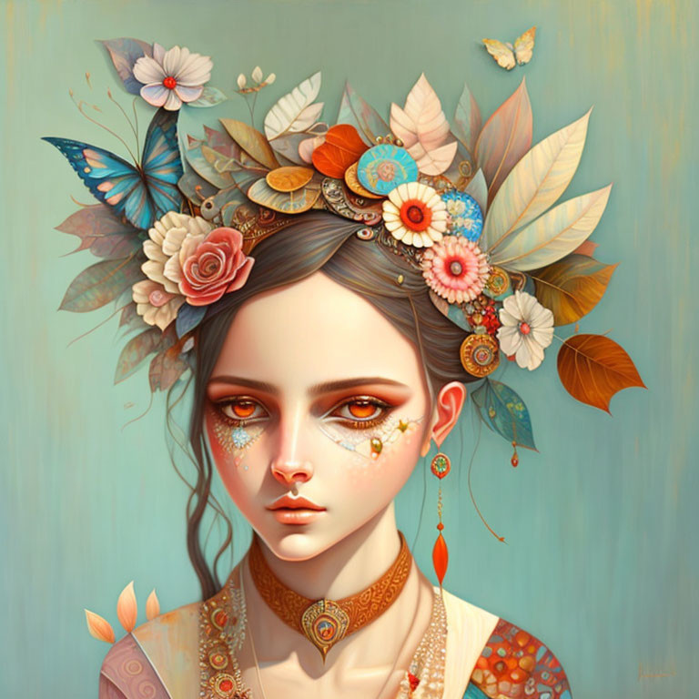 Vibrant floral and leaf headpiece on woman's portrait