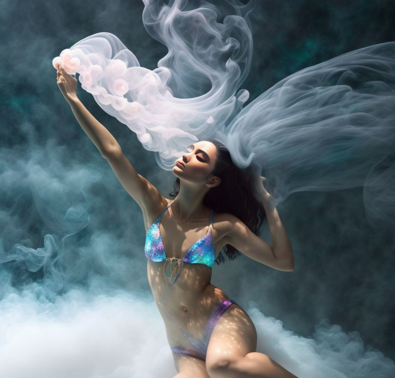 Woman in sparkly bikini underwater surrounded by swirling smoke and bubbles