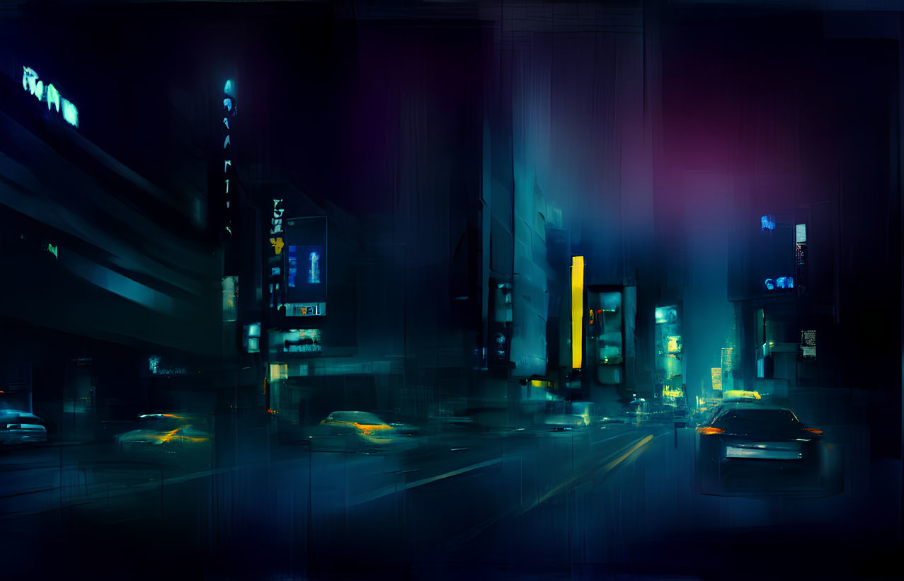 Blurred traffic lights and neon signs in urban cityscape