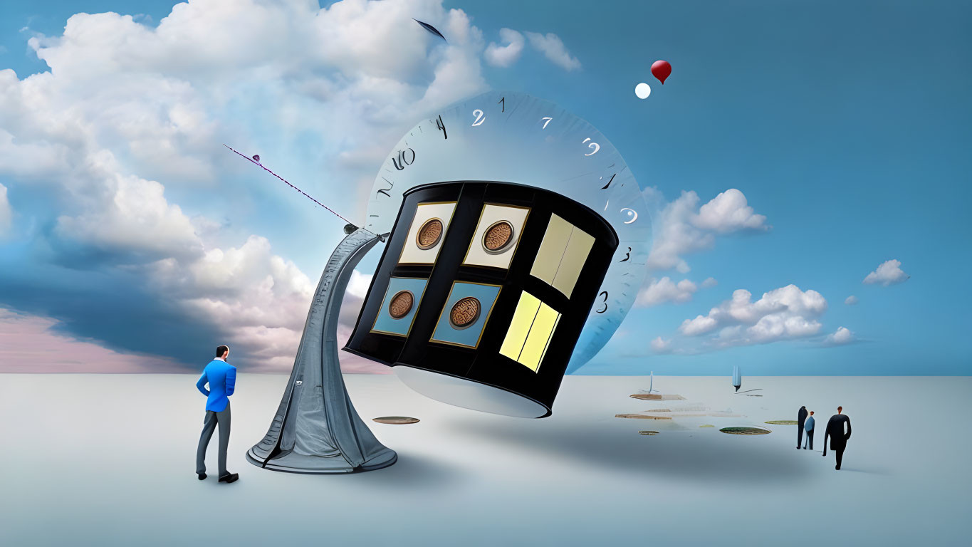Surreal artwork featuring giant slot machine, clock, businessmen, ship, and floating elements
