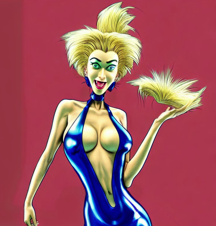 Vibrant illustration of a smiling woman with exaggerated features in shiny blue dress