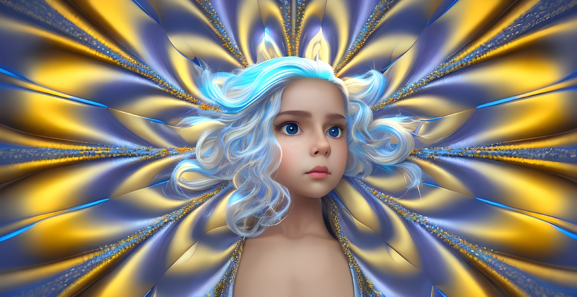 Child with Striking Blue Hair in Radiant Golden Fractal Surroundings