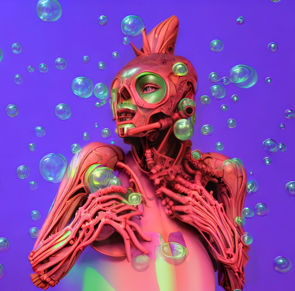 Colorful 3D humanoid figure with skeletal-anatomical design and bubbles on purple background