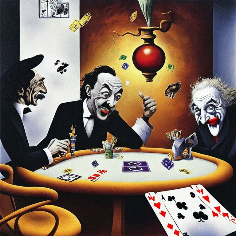 Exaggerated caricature figures playing poker with flying cards and money