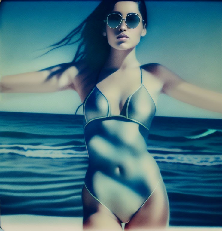 Stylized image: Person in swimsuit by the sea