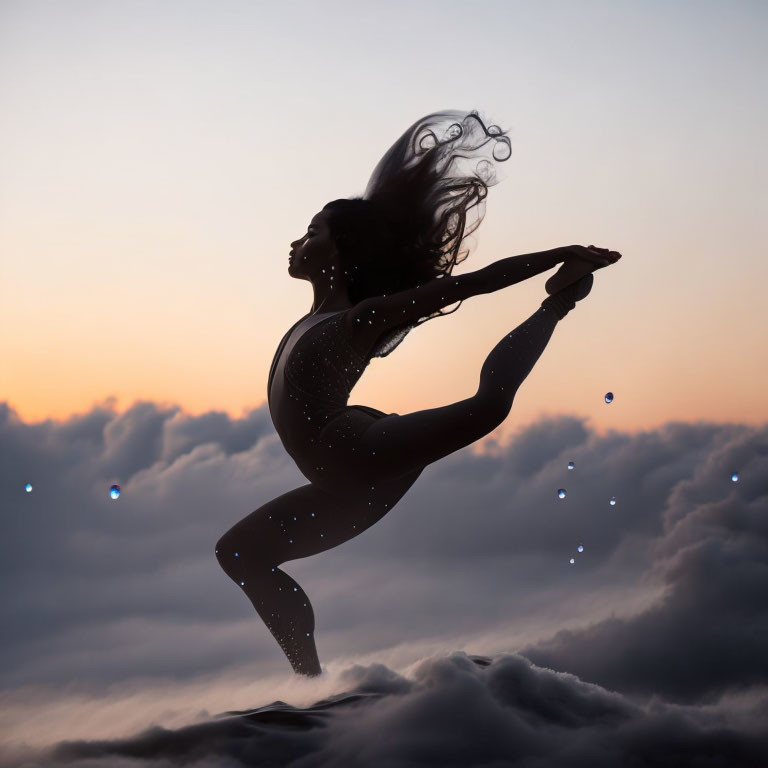Graceful woman leaping above clouds at dusk with flowing hair.