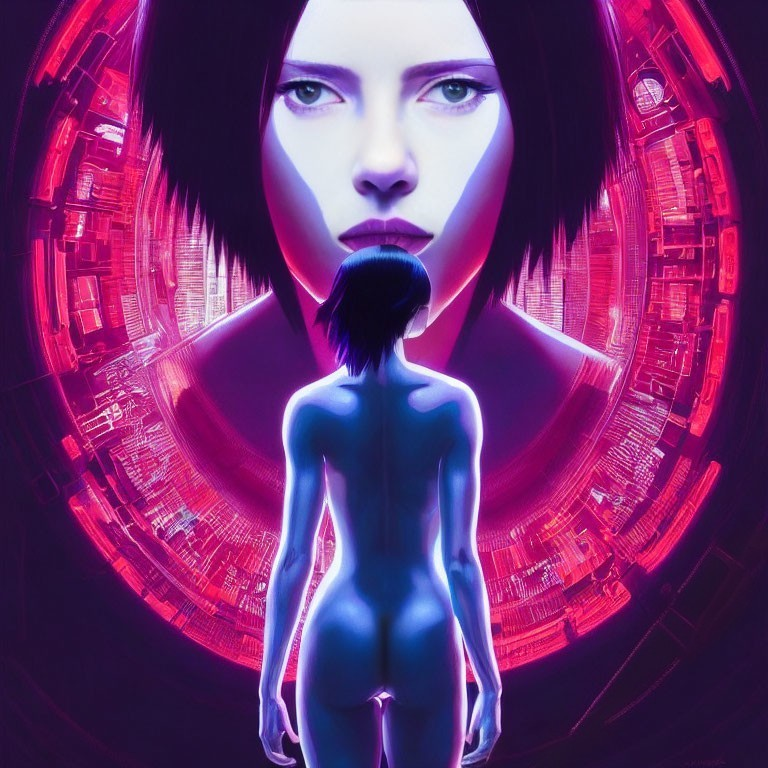 Digital Art: Pale-skinned Female Figure in Neon-lit Sci-fi Setting
