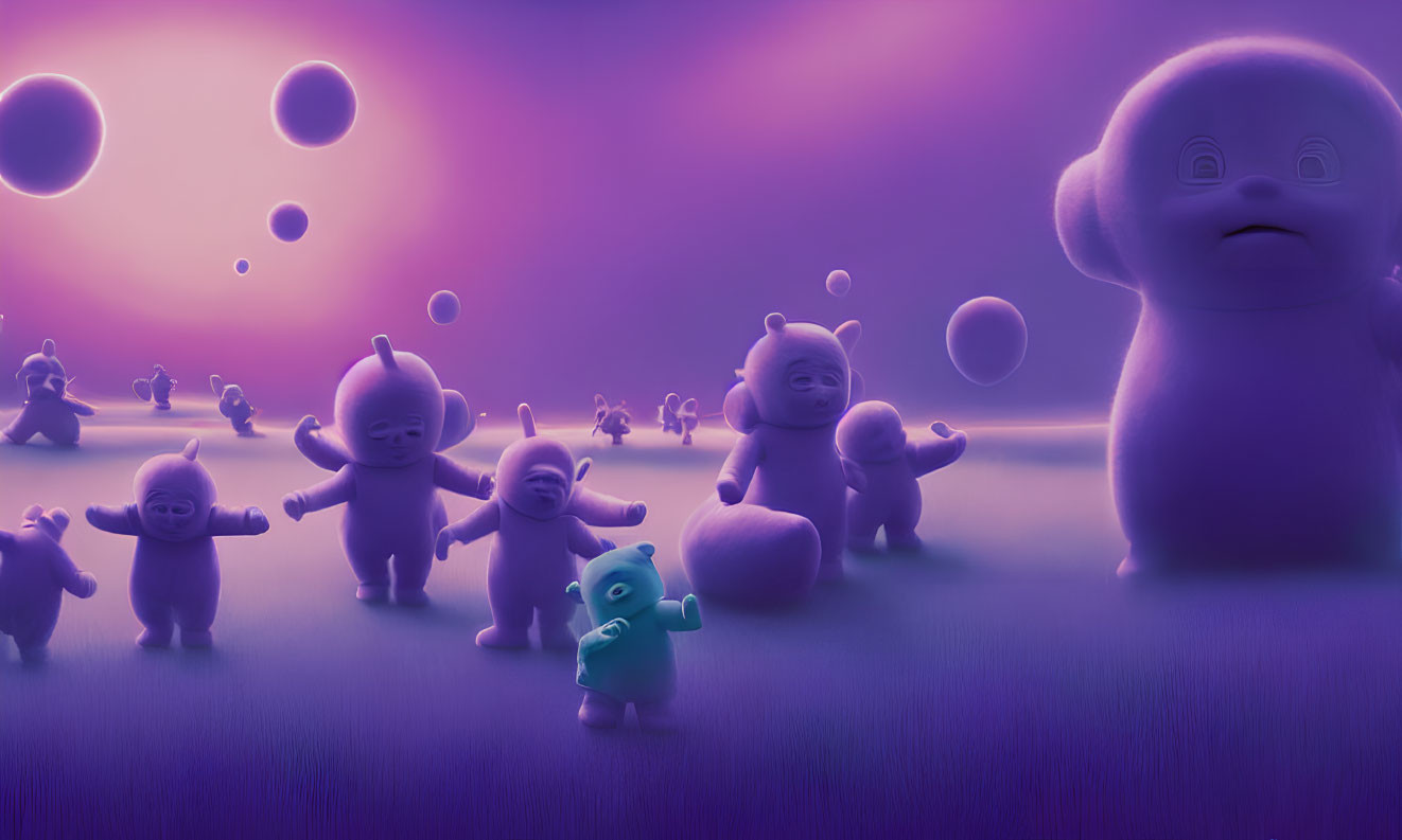 Colorful baby-like creatures in purple landscape with floating bubbles