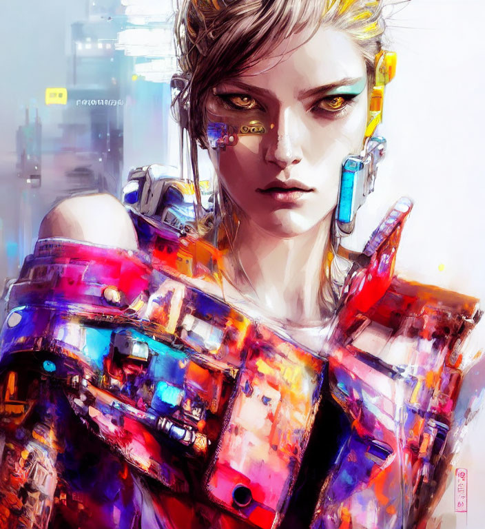 Colorful cyborg illustration against cityscape with cybernetic enhancements