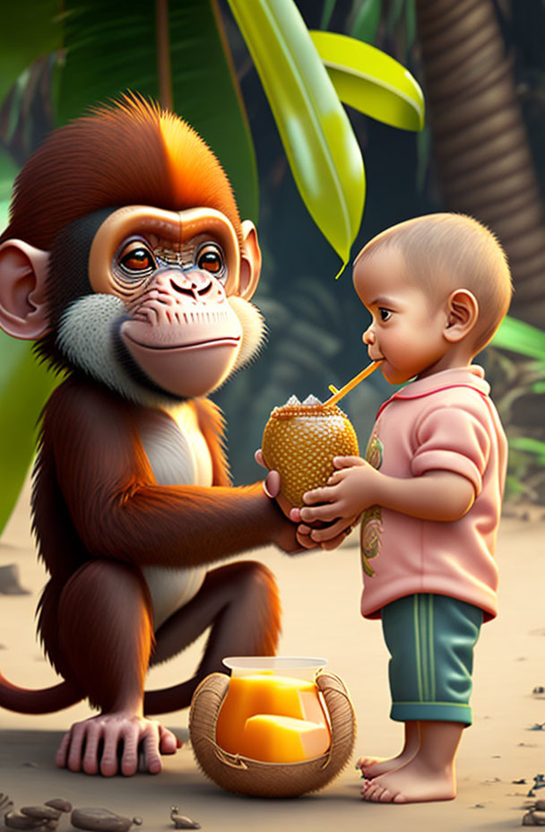 Cartoon monkey offering coconut juice to a child