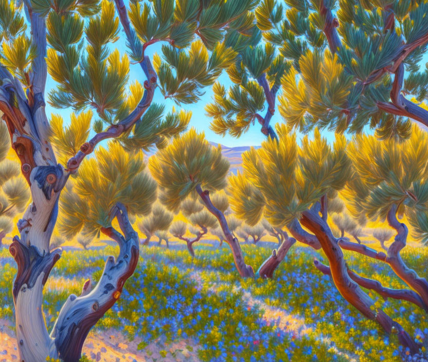 An oil painting of olive trees, complete above the