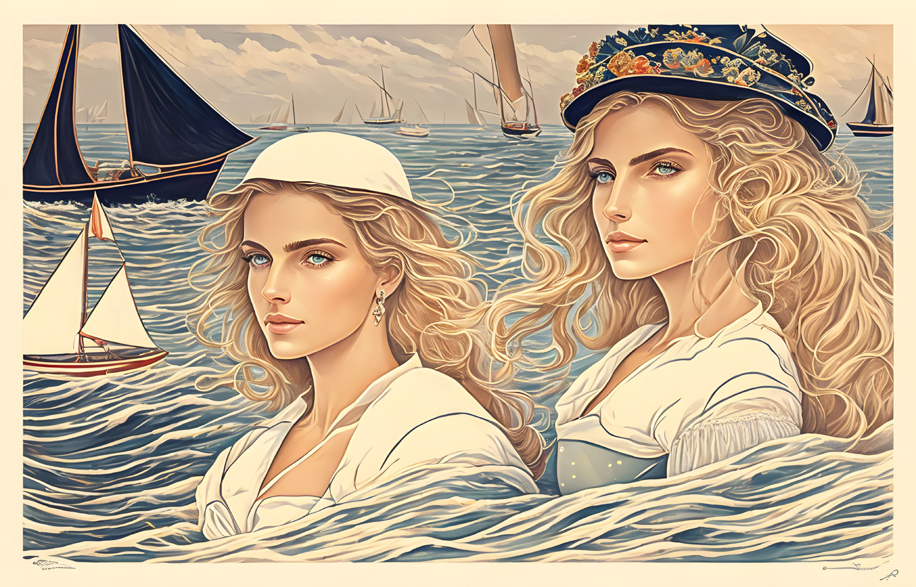 Two women in the water with sailing boats behind t