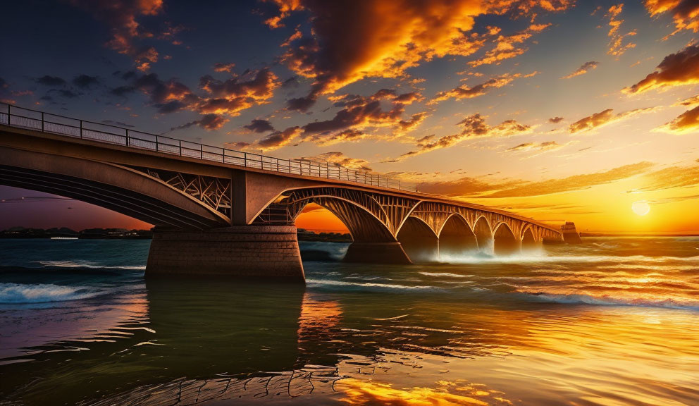 Bridge, water, sea, sky, clouds, sunset