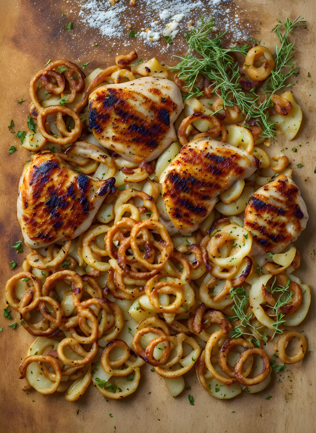 Grilled chicken with potato, onion rings and orega