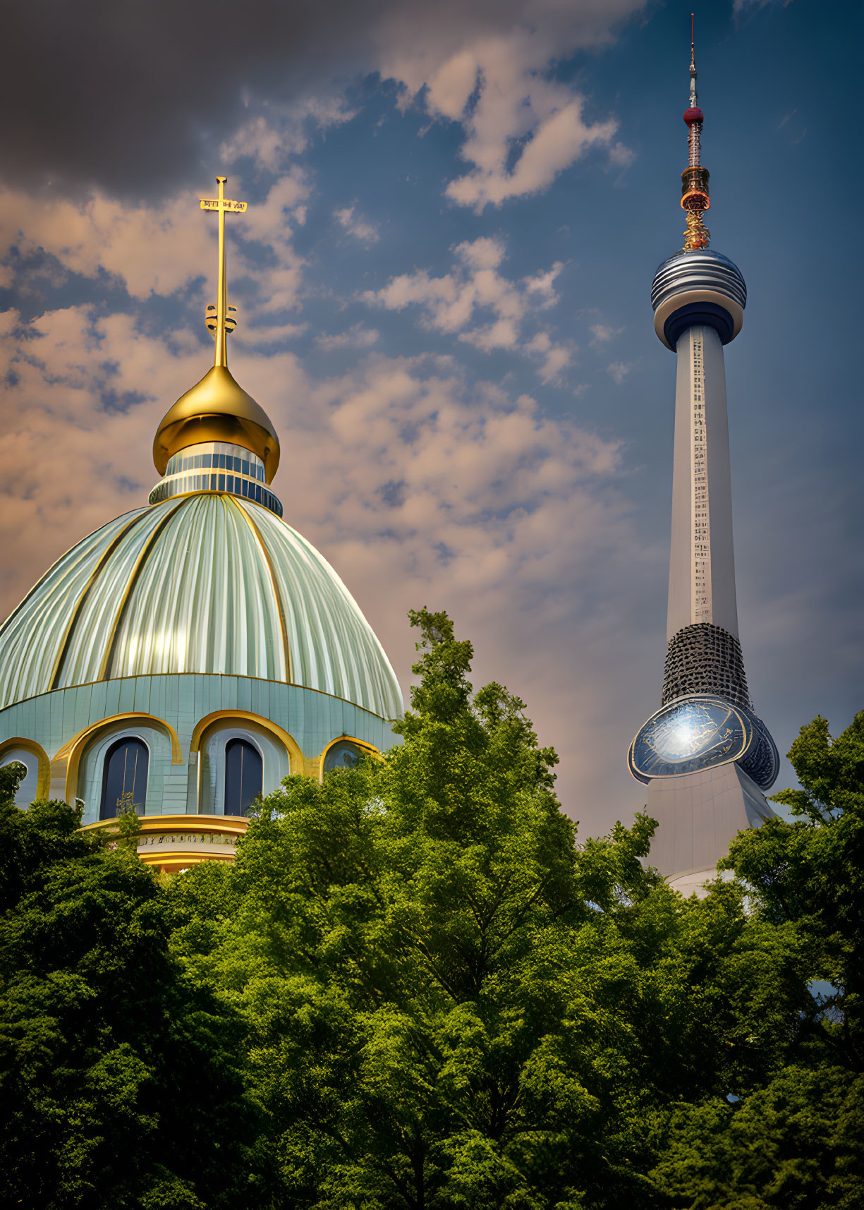 TV Tower- The dome of the church with a golden knu