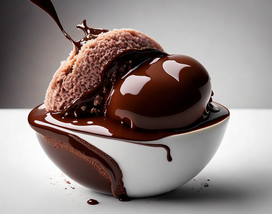 Melting chocolate over ice cream with a white back