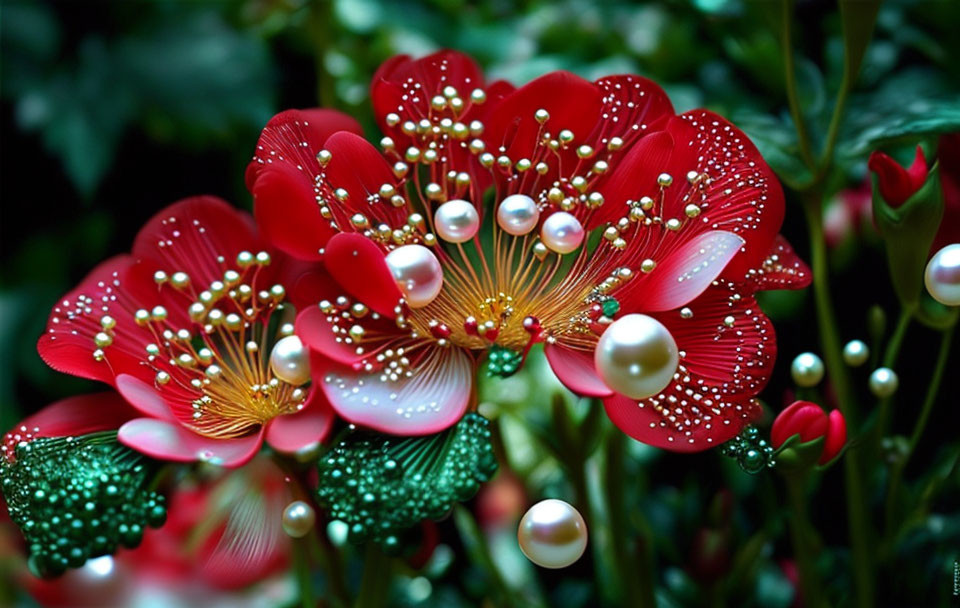 Red flowers and in the middle beautiful pearl bead