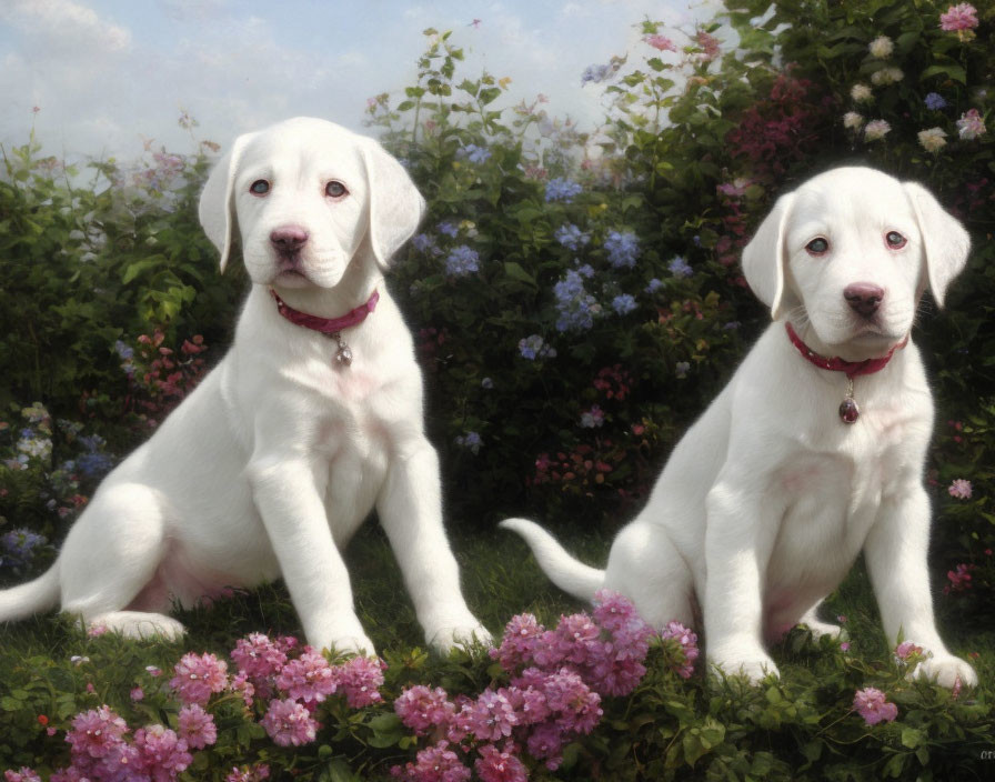 Two white puppies among trees in the Weimaraner Pu