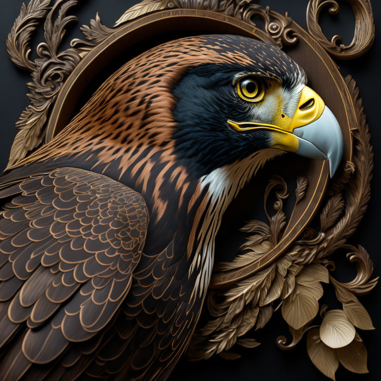 The American Falcon inside a brown wooden frame wi