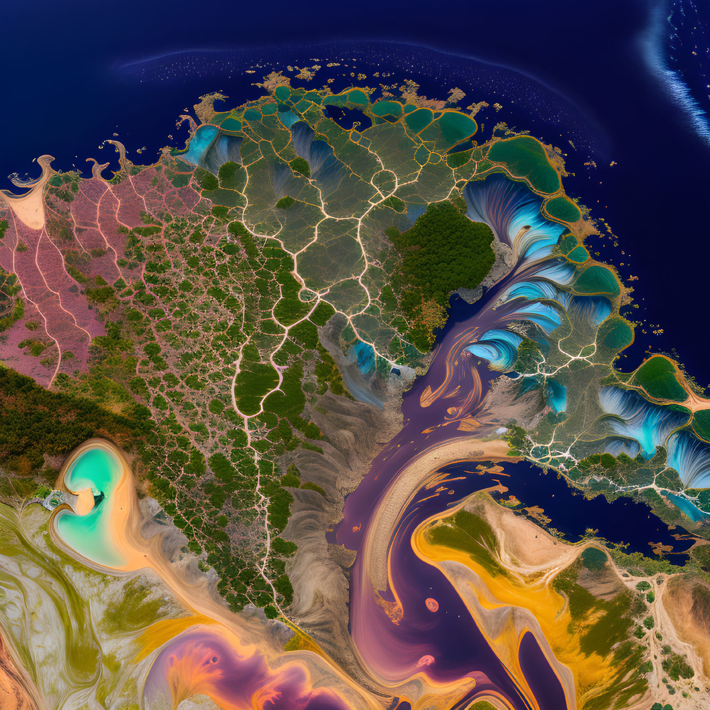 A photo of a colorful river delta taken from a sat