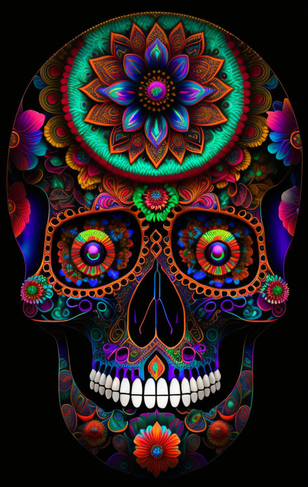 A skull decorated with beautiful colors, changing 